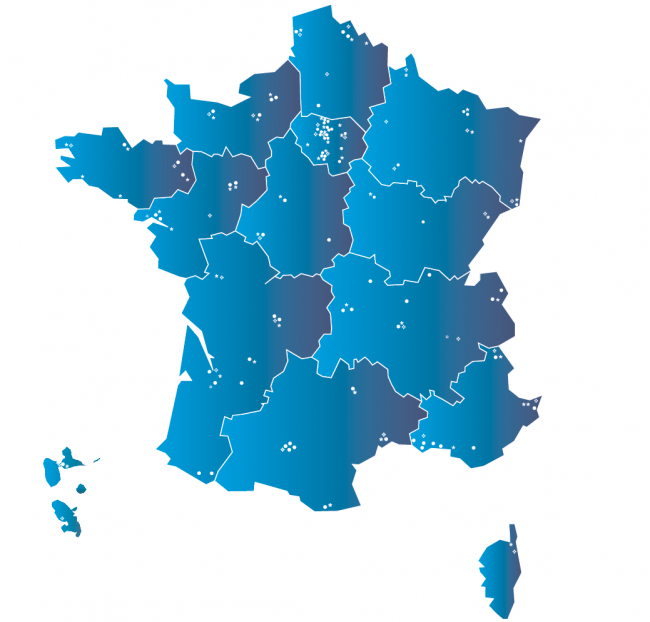 Sur une carte de France, des points représentent les 149 associations, organismes et établissements du réseau